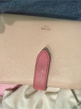 Celine Cream Leather Wallet with Pink Strap